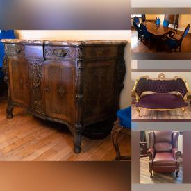 MaxSold Auction: This online auction features a China cupboard, hand-carved wooden buffet, dining room chairs, tea cart, leather recliner armchair, mahogany leather top desk, lamps and more!