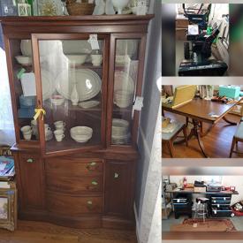 MaxSold Auction: This online auction features furniture such as an American Drew armoire, metal file cabinet, record cabinet, TV stand, wine rack, tool cabinet, shelving units, chairs, china cabinet, buffet, dining table and others, CDs, Kashmir area rug, fireplace tools, electronics, glassware, kitchenware, small kitchen appliances, shoes, accessories, linens, cleaning supplies, model cars, wall art, Snowjoe snowblower, car accessories, tools, Shark vacuum, camping supplies, Bundy flute, vintage manual typewriter, Schwinn exercise bike, weight bench, Sole treadmill and much more!