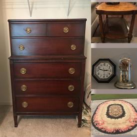 MaxSold Auction: This online auction features items such as Dresser, Sofa Table, End Table, Pictures, Wall Clock, Rug, Plant Stand, Lamp, Candlesticks, Mirrors, Lanterns, Wicker Baskets, Wooden Décor, books, TV,  Luggage Racks, vanity, Vanity Stool, Electronics and much more!