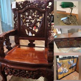 MaxSold Auction: This online auction features antique wing-back chairs, framed artwork with lights, executive vintage desk, dining table & chairs, fire table, chimney fire pit, fountain, wood bar, area rugs, and much more!