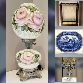 MaxSold Auction: This online auction features stained glass light fixture, Copeland \"Spode\'s Tower” dishware, Royal Doulton \"Braemar - H5035\" dishware, Vintage Bavaria Elfenbein Porzellan, beaded evening bags, teacup/saucer sets, vintage porcelain dresser set, vintage cranberry glass, art glass, costume jewelry, NIB beauty products, decanter set, “The Royals” collectibles, carnival glass, antique oil lamps, Blue Mountain pottery, vintage table linens, umbrella stands, and much, much, more!!