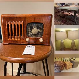 MaxSold Auction: This online auction features a MCM chair, desk, chest of drawers, cart, wall art, electric fireplace, lamps, mirrors, heater, office supplies, blower, gardening tools and much more!