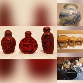 MaxSold Auction: This online auction features drum set, mandolin, antique collectible tins, video game consoles, Chinese snuff bottles, Cloisonné screen, games, small kitchen appliances, vintage marionettes, dragon plates, body boards, Indigenous art, art supplies and much more!