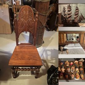 MaxSold Auction: This online auction features furniture such as a wooden chair, desk, wooden table, dining room table, Thomasville bedroom set, glass coffee table, vintage wooden chair and others, paintings, glass hanging lamp, model ships, binnacle, Hummels, Bosson heads and much more!