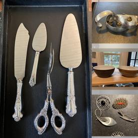 MaxSold Auction: This online auction features various items such as sterling servers,  sterling cuffs, Sterling lot, Pin lot, glassware, Wing Pottery, vintage jewelry,  purses, Necklace lot, cookware and much more.