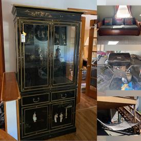 MaxSold Auction: This online auction features furniture such as an Asian inlaid china cabinet, tea table, end tables, benches, outdoor chairs, dressers, bed frames, bench and others, basketball hoop, small kitchen appliances, kitchenware, lamps, rugs, Toro lawnmower, books and puzzles, clothing, accessories, linens, electronics, books, plants, wall art, frames, Legos, stereo speakers, Asian figurines, hammock and much more!