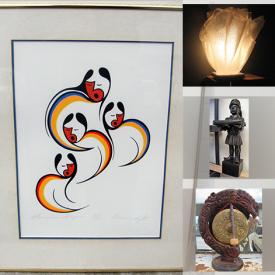 MaxSold Auction: This online auction features art pottery, carved alabaster lamp, Gino Robert lamp, carved wood statue, art glass, electric guitar, glass dresser box, art glass, glass bankers lamp and much more!
