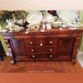 MaxSold Auction: This successful Dawsonville online auction features incredible antiques including a mahogany buffet, dining chairs, a sewing table, mahogany pedestal dining table, and a secret drawer vanity (with a mirror!). Other features from this MaxSold estate sale include wonderful art and collectibles such as Forrest K Moses original painting, birdbaths, sculptures, Haviland China, and Lenox Springdale China (US made!), Topping off the set of interesting items is a set of Chippendale design wall mirrors, a Fridgidair Freezer, ladders, tables, a unique square wood table, a gorgeous four-shelf bookcase, and fancy table linens.