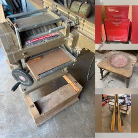 MaxSold Auction: This online auction features vintage chairs, rocker, vintage water skis, outdoor tools, sandblaster, vintage boat oars, radial arm saw, Evinrude boat motor, impact driver, toolbox, Craftsman shaper router, tripod lights, gas-powered nailer, scrollsaw, chainsaw sharpener, John Deere tractor, paint sprayer, grinders, planer jointer, Salamander heaters, table saws and much more!
