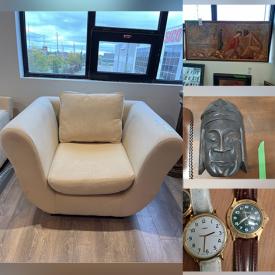 MaxSold Auction: This online auction features TV, metal trunk, chair by Fendi, velvet poufs, vintage bar cart, stained glass window, secretary desk, office chairs, Hawort stools, recliners, retail display cabinets, modular office furniture, Tiffany style floor lamp, artisan plates, aboriginal carvings, stereo components, watches, S. Jouglas figurines and much more!