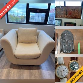 MaxSold Auction: This online auction features TV, metal trunk, chair by Fendi, velvet poufs, vintage bar cart, stained glass window, secretary desk, office chairs, Hawort stools, recliners, retail display cabinets, modular office furniture, Tiffany style floor lamp, artisan plates, aboriginal carvings, stereo components, watches, S. Jouglas figurines and much more!