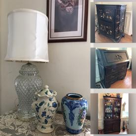 MaxSold Auction: This online auction features items such as Asian Bar, lamps, Screen, Secretary Desk, China Cabinet, China, Glassware, books, Cutlery, Tv Stand, Speakers, Farm Table, a sewing machine, a piano and much more!