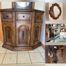 MaxSold Auction: This online auction features a dresser, display cabinet, coffee table, glassware, wooden chest, mirror, paintings, chandelier, Halloween decor, grape crusher, portable BBQ grill, drill press, grinder, garden supplies and much more!