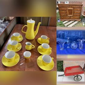 MaxSold Auction: This online auction features an antique Bonnet chest, dresser with mirror, tea wagon, vintage teacups, Cornflower stemware, Daffodil China set, table lamp, antique glass, wooden crate, vintage pottery and much more!