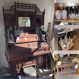 MaxSold Auction: This online auction features antique pump organs, antique music box, silver plate, furniture such as antique chest of drawers, drop leaf tables, display cabinet, vintage desk and armchairs, dishware, glassware, lighting, wall art, KLH speakers and much more!