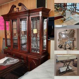 MaxSold Auction: This online auction features a mirror, furniture such as a Paula Deen cabinet, Sumter wardrobe, dining chairs, armchairs, oak table top, antiques Roadshow Pulaski cabinet, mirrored hall table, bedframes, dressers, Stanley Furniture buffet, ottoman, pedestals, dining tables, Stanley bedside tables and much more!