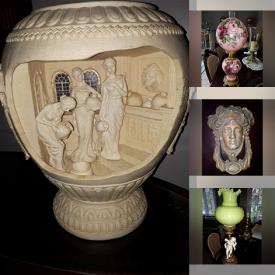 MaxSold Auction: This online auction features hurricane lamps, antique paintings, vintage cupid lamps, room divider, Thoren\'s music box, Royal collectibles, wooden doll house, Royal Doulton figurines, antique chairs, area rugs, vintage jewelry boxes, vintage dolls, new costume jewelry and much more!