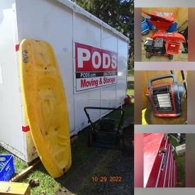 MaxSold Auction: This online auction features contents of POD storage container including tool chests, power & hand tools, kayak, camping & fishing gear,  lawnmower, hardware, solar light with solar panel, pergola with walls,  BBQ, bikes, yard tools, Royal Doultons, snuff bottle, Chinese ginger jar, Tenga clowns, carnival glass, Fenton candlesticks, silverplate servers, teacups and much more!