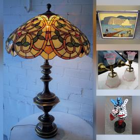 MaxSold Auction: This online auction features Boris Cenic oil painting, Harold Beament silkscreen print, art glass, Tiffany-style stained glass table lamp, cameras, art pottery, amp, Waterford crystal clock, mod style table lamp, acoustic guitar, perfume bottle, vintage jewelry box, vintage drip glaze pottery vases and much more!