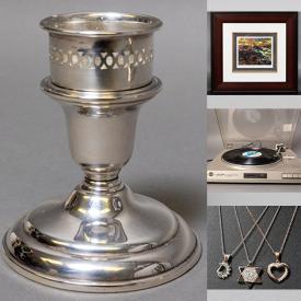 MaxSold Auction: This online auction features sterling silver candleholders, crystal salt & pepper, commemorative coin, stereo components, costume jewelry, wool rug, silver jewelry, ladies watches, binoculars, stamps, crystal decanter, art pottery, teacup/saucer sets, new underwater camera, art glass, vinyl records, framed prints, display table, teak dresser, wicker furniture and much more!