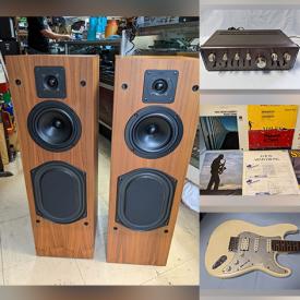 MaxSold Auction: This online auction features various items such as  VHS Recorder, Cassette Recorder, series speakers, Integrated Amp, Audioengine, Record Albums, Commodores, Epiphone Guitar, table, books, Stanley Spencer, lamp, serving tray and much more.