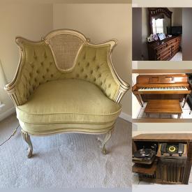 MaxSold Auction: This online auction features art glass, framed paintings, sterling silver, train set with table, vintage cabinet radio and phonograph, furniture such as French Provincial style chairs, side tables, wooden dresser with mirror, gliding chair and corner desk with shelves, lamps, home decor, exercise equipment and much more!