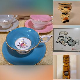 MaxSold Auction: This online auction features teacup/saucer sets, Royal memorabilia, vinyl records, antique publications, DVDs, sports trading cards, video games, accordion, hand tools, audio equipment, art pottery, cuckoo clock, toys, small kitchen appliances, TV, Indigenous carving, wood carvings, art glass, area rugs and much more!