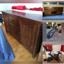 MaxSold Auction: This online auction features furniture such as ottomans, wicker entertainment center, chest of drawers, curio cabinet, hanging bamboo chair, office chair, patio table, Arhaus Furniture file cabinet, desk, sofa table, Klaussner sectional couch, accent table and others, rugs, wall art, Pottery Barn rugs, kitchenware, small kitchen appliances, office items, home health aids, lamps, luggage, golf items, light up Elmo, seasonal decor, books, Peloton machine, model trains, Pedego bike and much more!