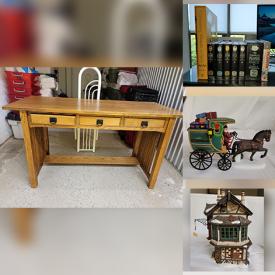 MaxSold Auction: This online auction features Christmas village decor such as  Department 56 figurines & houses, Lemax figurines & houses, HO train set & accessories, Mennonite oak desk, hardcover Peanuts books and much more!