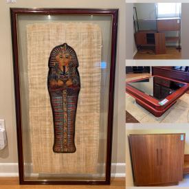 MaxSold Auction: This online auction features rugs, papyrus art, TV, copper and brass decor, prints, cleaning supplies, glass jars, electronics, lamps, furniture such as dressers, couches, desks, filing cabinets, MCM dresser and mirror, buffet, wall cabinet and much more!