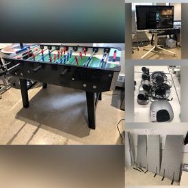MaxSold Auction: This online auction features an 80” Sharp Aquos TV, Logitech conference cameras, Jamboard presentation screen, computer docks, Acer monitors, Apple Thunderbolt monitors, iPads, Christie projector, Xerox work centers, Sonos speaker, keyboards, Foosball table, whiteboards, live plants, kitchenware, spinning wheel, frames, books, prints, pillows, moving blankets and much more!
