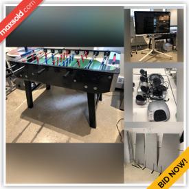 MaxSold Auction: This online auction features an 80” Sharp Aquos TV, Logitech conference cameras, Jamboard presentation screen, computer docks, Acer monitors, Apple Thunderbolt monitors, iPads, Christie projector, Xerox work centers, Sonos speaker, keyboards, Foosball table, whiteboards, live plants, kitchenware, spinning wheel, frames, books, prints, pillows, moving blankets and much more!