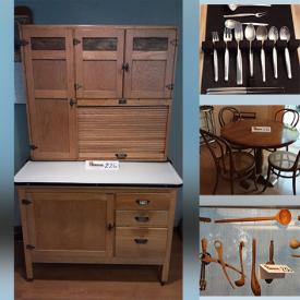 MaxSold Auction: This online auction features antique spinning wheel, wooden winder, fitz & floyd items, fireplace screen, hurricane lamp, hinged top table, antique cobbler\'s chair, casserole, signed print, roll top desk, wooden armoire, wall sconces, tea cart, chandelier, glassware, decorative collection, victor adding machine, nutcracker, mantel clock, Lochner furniture, miniatures display, Thomasville highboy, Thomasville lowboy, jewelry, US military vintage collection, canisters, kitchen items, baking assortment, cookware, kitchen appliances, craftsman shop vac, tools, games, US military historic stamps, vintage postcard album, binoculars and much more.