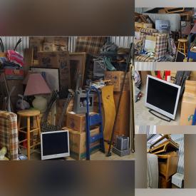 MaxSold Auction: This online auction features a full storage locker with a Rolltop desk, an area rug, HP color printer, a computer monitor, drawer files, Kirby vacuum with accessories, table lamps with shades, bar stools and much more!