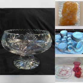 MaxSold Auction: This online auction features pinwheel glass pedestal bowls, crystalware, ceramic lamps, laser amethyst, azurite, calcite and other stones, AC/DC, Eminem, Kiss and other shirts, survival bracelets, Himalayan salt lamp, Deathstar silicone mold, brass lamp, dishware, Portmeirion shelf, vintage jewelry box, car door lights, cranberry glass, wax warmer, toys, chairs and much more!