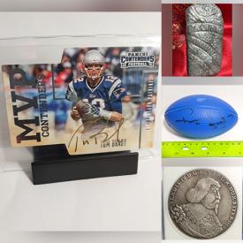 MaxSold Auction: This online auction features trading cards, Kobe Bryant camera slide, signed cards, movie film strip, vintage coin belt, antique masonic member pins, coins, signed mini football post card,  mining ingot and much more.