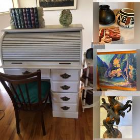 MaxSold Auction: This online auction features brass ducks, vintage books, vintage Hopi pottery, golf clubs, cowboy lamp, ironwood carvings, stained glass jewelry box, roll top desk, plant pots, guitar, massage chair, wood smoker, vintage Peetz reel, and much more!