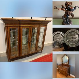 MaxSold Auction: This online auction features antique bronze statues, tv, patio, sideboard, framed mirror, glass display cabinet, hyrdro memorabilia, cameras, antique wood dresser, brass table lamp, metal hardware, kitchen utensils, antique side tables, bathroom lot, closet organizer, tools, antique washstand, antique stained glass window, rug, yard and garden tools and much more