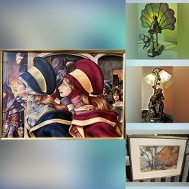 MaxSold Auction: This online auction features signed Oil painting on canvas, Oil painting on board, diecast airplane, stained glass, lamps, serigraph, Westbury drum set, clock, Royal Daulton figurine,  iridescent porcelain stylized balloon, Christmas decoration, bookends, repouse silver plate jug, glassware, Royal Vienna Bavaria creamer and sugar, decorative collector plates, Italian Murano green blue art glass, bronze figurine, DVDs and much more.