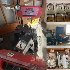 MaxSold Auction: This online auction features vacuum, tables, books, toys, dollhouse accessories, lamps, candle holder, glassware, pottery humidifier, WM Rogers silverware, mirror, kitchen ware, dresser, collector plates, serving dishes, Royal Albert mugs, Mayfair china dishes, baking pans, lamp shades, electronics, mirror, solid wood French doors, garden tools, lawnmower, patio, push mower, cordless saw, porcelain dolls and much more.