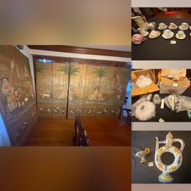 MaxSold Auction: This online auction features antique perfume bottles, antique porcelain plates, NIB ceiling lights, antique Asian room dividers, chandeliers, wall sconces, teacup/saucer sets, Asian stands, wood platters, outside lamps and much more!