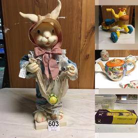 MaxSold Auction: This online auction features jewelry, flatware, Charles Wysocki print, Oxford Fontaine china, decorative wall plates, depression glass, printer, HO trains, Kirk Stieff pewter cups, Hallmark Keepsake ornaments, bobeches, art pottery, Roseville vases and much more!