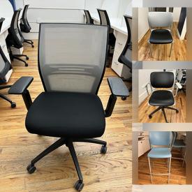 MaxSold Auction: This online auction features office desk chairs, conference table, L-shaped desks, office work tables with barriers, office side chairs, counter chairs, trash containers, couch seats and much more!