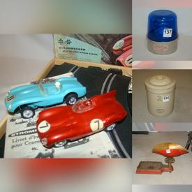 MaxSold Auction: This online auction features vintage wood desk, slot cars, vintage scales, crock, studio pottery, art glass, Mervin Meekis artwork, vintage toys, jewelry, tokens, Red Rose Tea Wade figurines, sports collectibles, puzzles, dolls, YA books, souvenir spoons and much more!