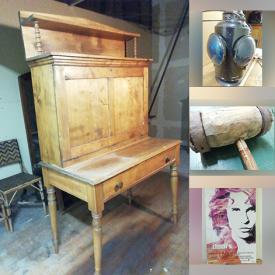 MaxSold Auction: This online auction features antique pigeonhole desk, antique leaded glass window, vintage children’s toys, antique game boards, oil lamps, antique RR lantern, steamer trunks, skis, vinyl records, scuba gear, Henry Napartuk art and much more!