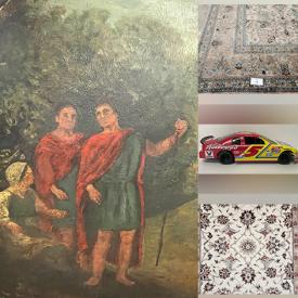 MaxSold Auction: This online auction features original oil painting, Persian carpet, Swarovski crystal, brass candle holders water color painting, animal figurines, blue and white pottery, car model, vintage signed artwork, vintage Asian teapot, vintage etched metal vase, vintage mantel clock, metal plane model and much more.