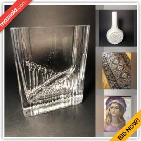 MaxSold Auction: This online auction features vases, bowls, dishes, vintage nesting doll, ceramic items, candle holders, Royal Doulton serving bowls, vintage coin bank, glassware, Dansk coffee mugs, paintings, artwork, Indian brass statue, Japanese dishes, DVDs, brass container, MCM items, dinner plates, Japanese figurines, coasters and much more.