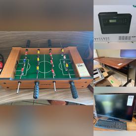 MaxSold Auction: This online auction features desks, computer monitors and keyboard, file cabinets, laser printers, office supplies, glass dry erase board, podcast mic, MSI curved monitor, office tables, unassembled office chairs, rolling whiteboard, faux greenery, microwave, Foosball table and much more!