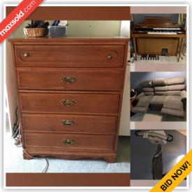 MaxSold Auction: This online auction features furniture such as bedside tables, La-Z-Boy recliner, recliner sofa, bistro set, Knechtel dressers, cabinets, commode bath chair and others, patient lifter, overbed table and other home health aids, cushions, curtains, household cleaning supplies, White Westinghouse range, Community Plate flatware, Roland organ, kitchenware, lamps, Testors scale model cars, barometers, collectibles, rugs, baskets, Wade figures, games and much more!