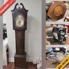 MaxSold Auction: This online auction features furniture such as tables, chairs, filing cabinets, bed frame, desk, bar cabinet module, table, work table, trunk, leather ottoman, office chairs, Teknion chairs, Norwalk sofa and others, clothing, shoes, bedding, print, wool rugs, grandfather clock, projector, mirror, lamps, bicycle, barware, tools, TV and much more!